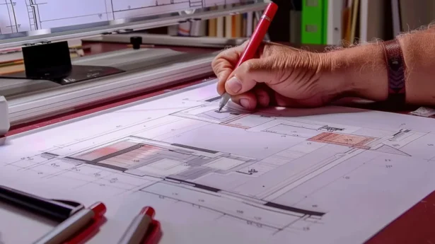 Material samples and blueprint work for office fit-out planning